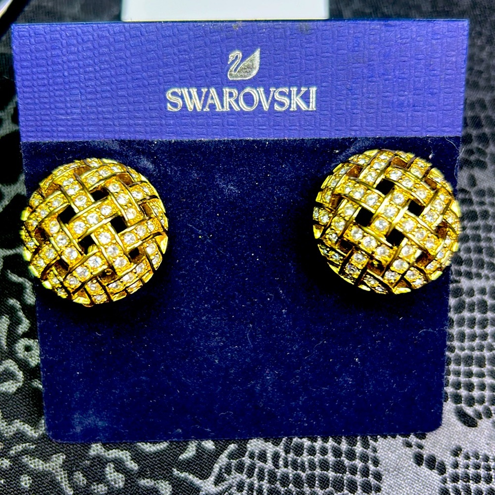 Vintage Swarovski Crystal Basketweave Gold Tone Domed Clip Earrings